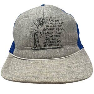 Vintage 80s Trucker Snapback Hat Adult Humor Coconut Hurricane Graphic Blue Tiki